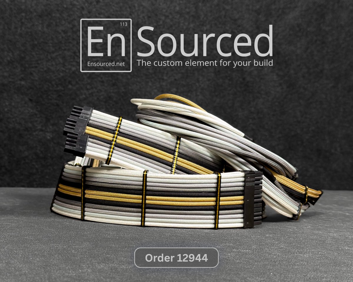 Ensourceddotnet's tweet photo. Six-color gradient for a Corsair RM850x (2024): White, Silver, Light Gray, Charcoal Gray, Black, and Gold. 24-pin plus three 8-pin PCI-e cables, finished with Black and Gold Stripe Wire Wraps. 169 Wire Wrap colors at https://t.co/hxPDJi1f4r. https://t.co/Rf5RDK5vkv