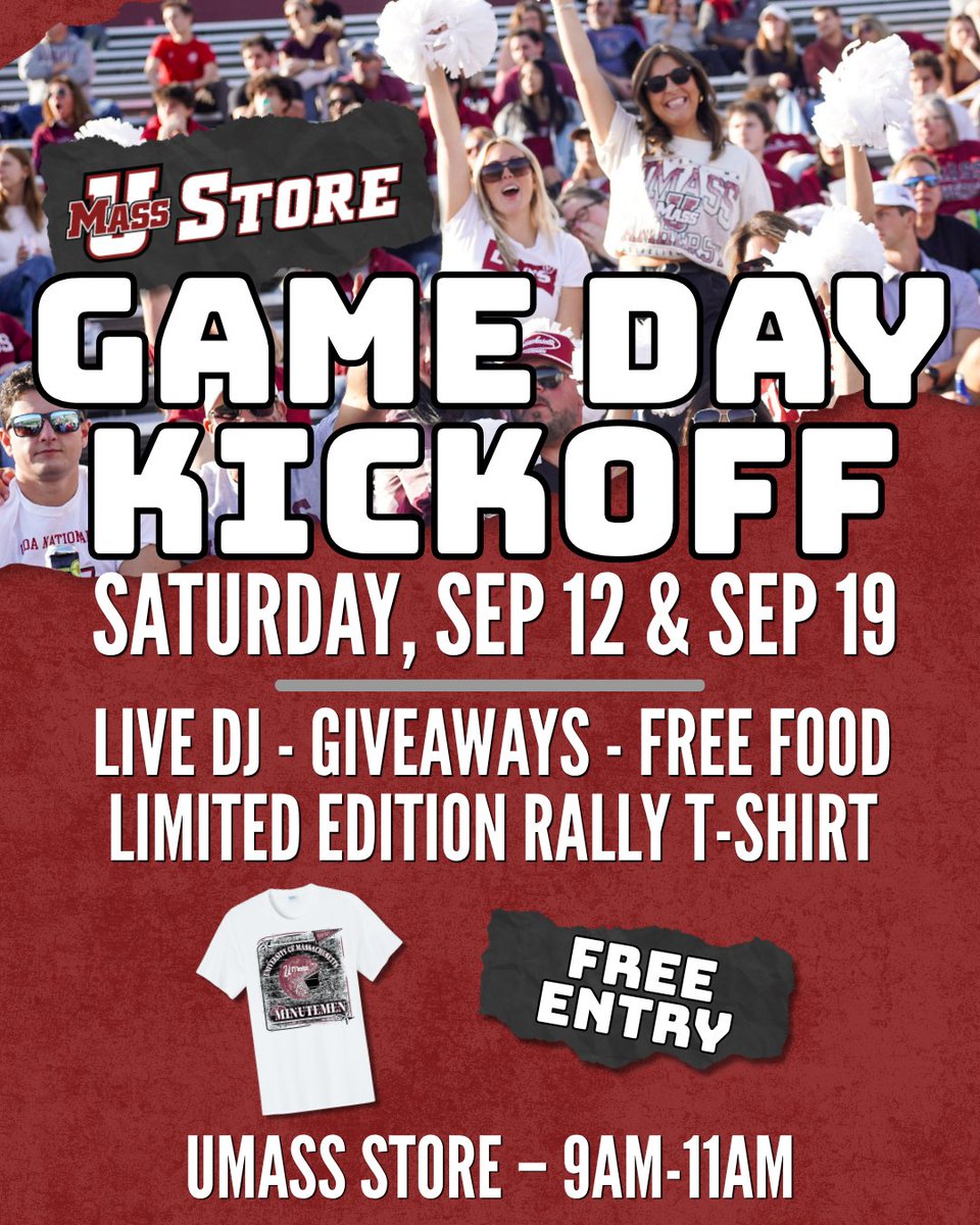 UMASS_STORE's tweet photo. We need you at Game Day Kickoff🫵

Kick off game day at the UMass Store with a morning of music, giveaways, and free food. Plus, grab our limited edition football rally tee for just $20! Only available at our main store on September 12 &amp; 19.

See you this Saturday🏈

#Flagship🚩 https://t.co/qMjsLBUHZA