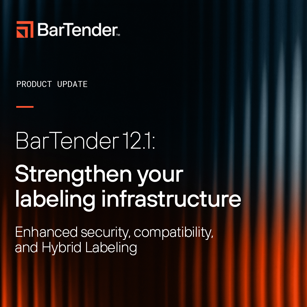 BarTenderTech's tweet photo. Strengthen your labeling infrastructure with BarTender 12.1.

This release makes it easier to modernize your labeling environment, keep data accurate, and improve printing efficiency.

See what’s new in BarTender 12.1: https://t.co/GauhtMU4dx.

#BarTenderSoftware #HybridLabeling https://t.co/fn46AHxfQi