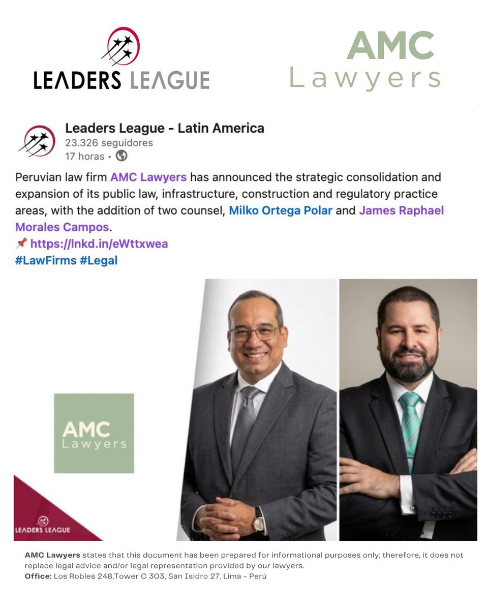 AMC_Lawyers's tweet photo. Desde 𝗟𝗲𝗮𝗴𝘂𝗲 - 𝗟𝗮𝘁𝗶𝗻 𝗔𝗺𝗲𝗿𝗶𝗰𝗮 destacan la incorporación de 𝗠𝗶𝗹𝗸𝗼 𝗢𝗿𝘁𝗲𝗴𝗮 𝗣𝗼𝗹𝗮𝗿 y 𝗝𝗮𝗺𝗲𝘀 𝗥𝗮𝗽𝗵𝗮𝗲𝗹 𝗠𝗼𝗿𝗮𝗹𝗲𝘀 𝗖𝗮𝗺𝗽𝗼𝘀 como Counsels de la firma.
📷 Lee la nota completa:
https://t.co/dFsUIpVTvN
#AMCLawyers #Legal https://t.co/YbkbyUTCrB