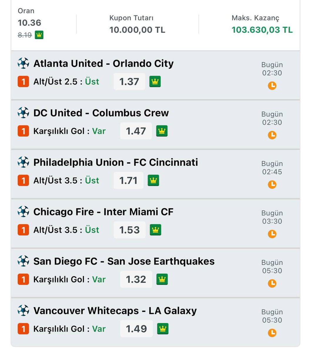 WagiWin's tweet photo. 𝐌𝐥𝐬 𝐤𝐮𝐩𝐨𝐧𝐮 𝐟𝐮𝐭𝐛𝐨𝐥 𝐓𝐚𝐡𝐦𝐢𝐧𝐥𝐞𝐫𝐢 . ⚽️

🇺🇸 Atlanta United - Orlando.          2.5 ÜST 
🇺🇸 DC United - Columbus Crew.      KG VAR
🇺🇸 Philadelphia - Cincinati               3.5 ÜST 
🇺🇸 Chicago Fire - Inter Miami.         3.5 ÜST 
🇺🇸 San Diego - San Jose E.              KG VAR
🇺🇸 Vancouver - LA Galaxy.              KG VAR

https://t.co/eKO7KZ52YQ'daki Kuponum; https://t.co/AhUnrzfJZG