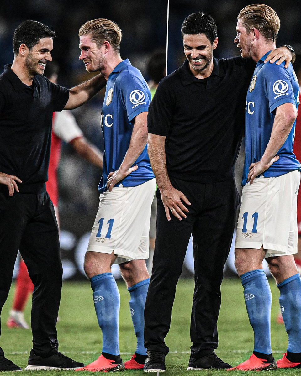 ESPNUK's tweet photo. Mikel Arteta and Kevin de Bruyne at full time 🥹 https://t.co/JVx6Sas5st