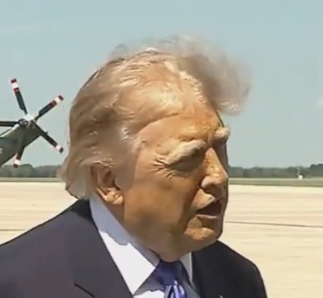 CurtCastell's tweet photo. @RpsAgainstTrump Bad choice of wind direction for his hair. https://t.co/btAG5N5mWX