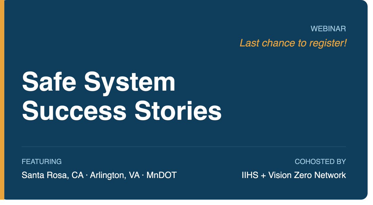 Visionzeronet's tweet photo. Last chance to register for tomorrow's #SafeSystem Success Stories webinar! Curious how agencies turn Safe System principles into real-world action? Hear from Santa Rosa, Arlington &amp; MnDOT. 
Register: https://t.co/07RtDwXXMm
@IIHS_autosafety @ITEhq @NACTO @FehrAndPeers @hsrcinfo https://t.co/TU3ea59XA5