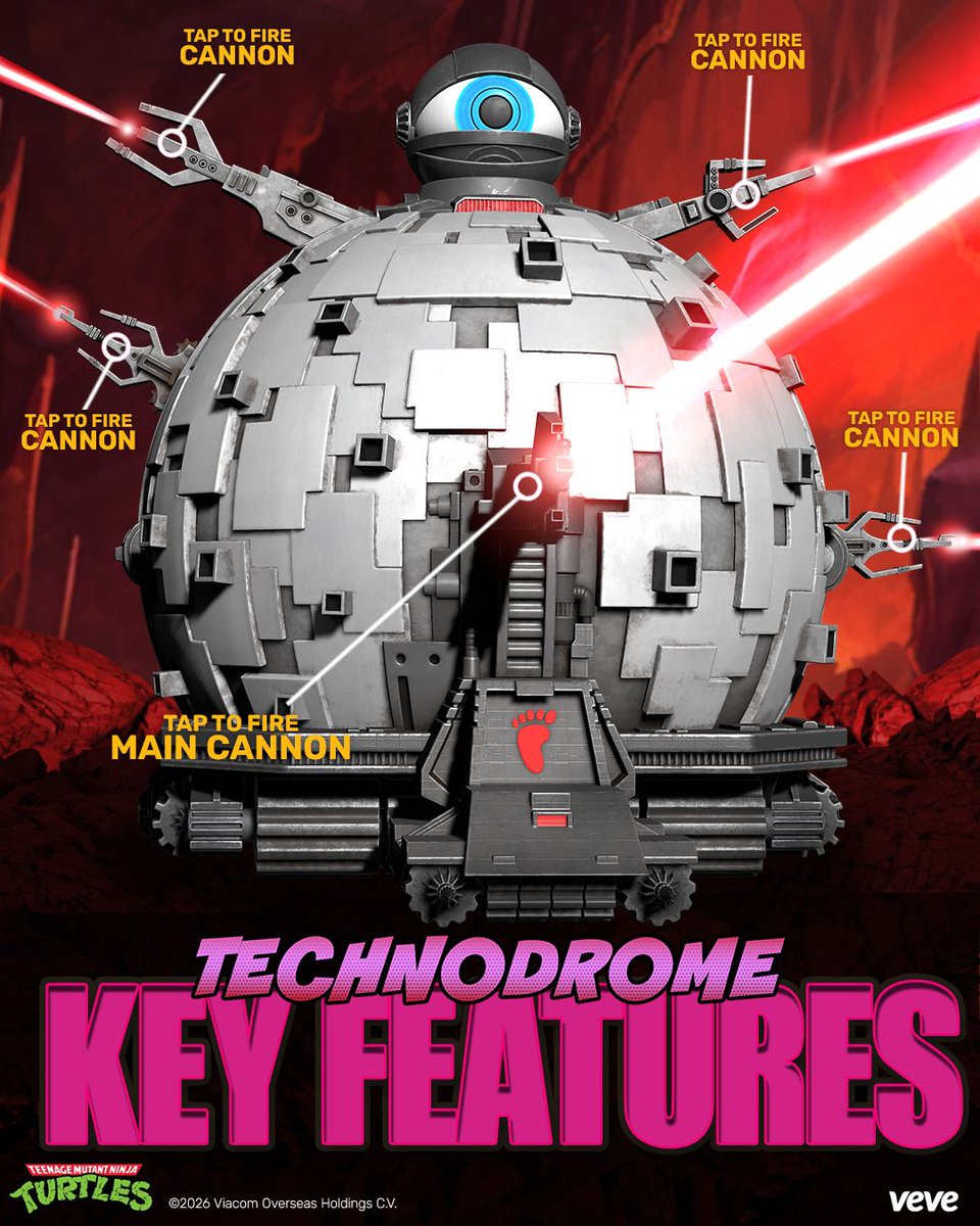 veve_official's tweet photo. Five laser cannons with plenty of firepower.

Tap to unleash blasts across the Technodrome, including an oversized beam from the main cannon. Its side cannons travel along geared tracks before opening fire, with visual and sound effects giving every shot impact. https://t.co/yoJG3yfCGl