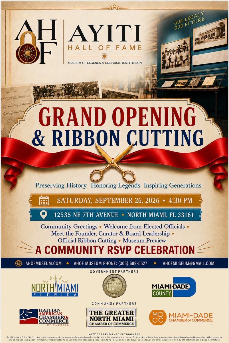 GNMiamiChamber's tweet photo. Celebrate history in North Miami! Join us Sept. 26 for AHOF Museum of Legends &amp; Cultural Institution’s grand opening and ribbon cutting—five years in the making.

Three chambers unite to honor legends and inspire generations.

RSVP: https://t.co/fndW3YpL0m https://t.co/wU9dGOCcpD