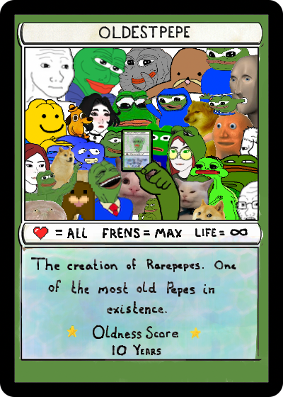 PEPEPAINT_APP's tweet photo. Series One, Card Fifteen

Title:  OLDESTPEPE
Artist: @PEPEPAINT_APP 
Editions: 300
Baked: 14,875,220

To celebrate 10 years of Rarepepes on @CounterpartyXCP
Collect on Counterparty or Tezos and receive the art token on both chains. 

Link: https://t.co/ILfjZ6aADW https://t.co/NHLyU5rpfs