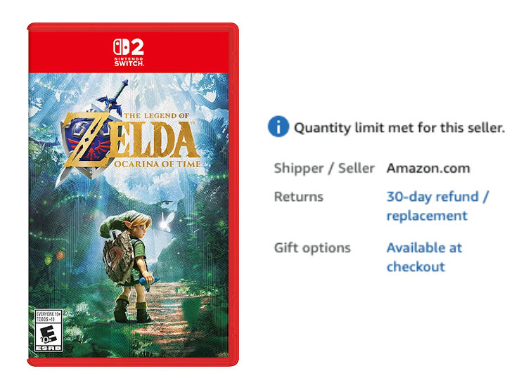 Nintendeal's tweet photo. Amazon appears to be combating scalpers by limiting the number of Zelda Ocarina of Time (foil cover art) copies you can buy

"Quantity limit met for this seller." https://t.co/wbasZAUKYi