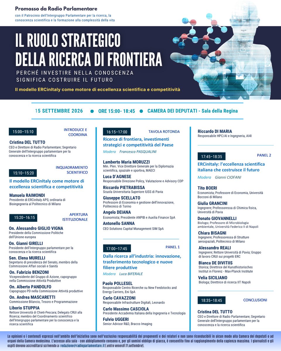 AngeloDeianaTW's tweet photo. Il #15settembre sarò alla Sala della Regina della #CameraDeiDeputati per un'importante #iniziativa su "Il ruolo strategico della Ricerca di Frontiera" con un #parterre #straordinario.Vi aspettiamo...

#Confassociazioni #laretedellereti #anpib #auxiliafinance #ERC #noi https://t.co/ivkw9iZ4ub