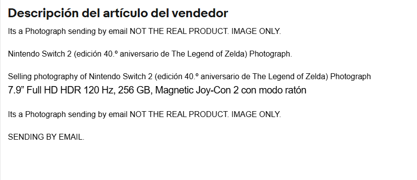 LoLSanlucar's tweet photo. Creo que este tío se lleva el premio al especulador más rastrero que existe:

Pone en ebay la Switch 2 Edición ZELDA 40th a 519€.

ES UNA FOTO, LO QUE TE ENVÍA ES UNA FOTO AL EMAIL.

LEED LA DESCRIPCIÓN.

PERO QUÉ ES ESTO. https://t.co/JSpscuhFTn