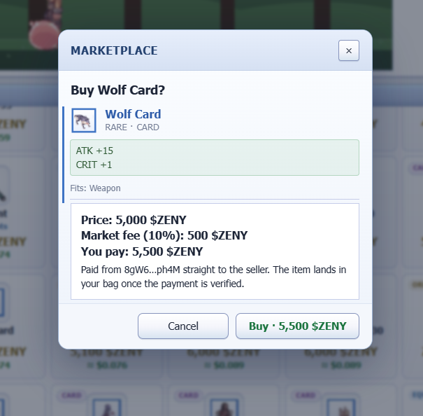 Greceein96's tweet photo. Marketplace got me staring at this Wolf Card like 👁️👄👁️ 5.5k Zeny after fees for ATK +15 and CRIT +1. Not exactly pocket change, but those stats are kinda nasty. 🐺⚔️ Would you pull the trigger? @IdleROGame #IdleRO https://t.co/5FozlH3gAD