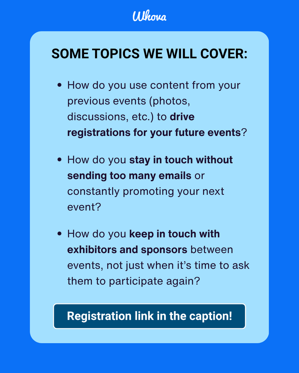 WhovaSupport's tweet photo. Join our panel on staying connected with your audience between events, with a live Q&amp;A at the end! Boost registrations with these expert tips.

When: Wed, Sept 23rd, 2026 @ 8 AM PT / 11 AM ET 

Guests: Carrie Green and Karlee Beasley 

Sign up here: https://t.co/L4M5Rfv7V8 https://t.co/pJNuj0UqGK