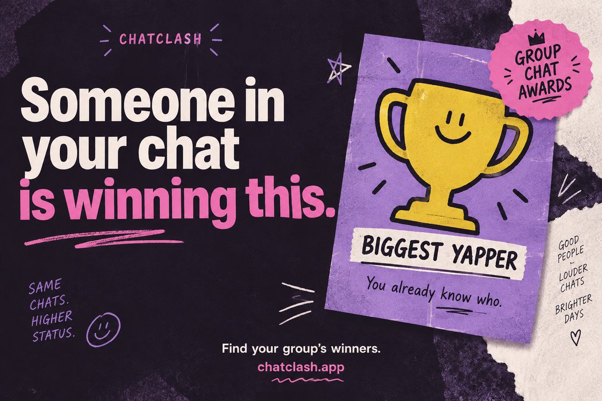 ChatClashApp's tweet photo. Everyone thinks they know who talks the most.

Now there are receipts 🏆

Turn your WhatsApp chat into group awards. Send the results back and let the arguments begin.

https://t.co/x9CCmIK0Bw
#awards #groupchat #viral #whatsapp https://t.co/mC3EtiF7nM