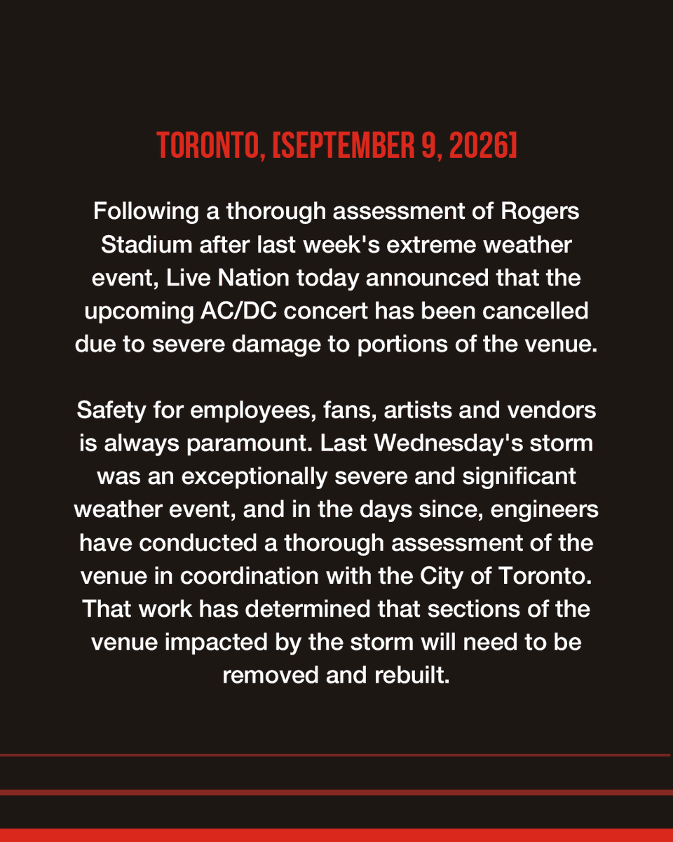 Rogers_Stadium's tweet photo. An update from Rogers Stadium:

Following a thorough assessment of Rogers Stadium after last week's extreme weather event, the upcoming AC/DC concert has been cancelled due to severe damage to portions of the venue. https://t.co/2C3UPTMetp