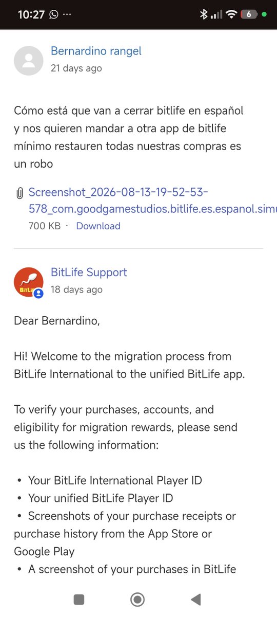PicosEltaco's tweet photo. @BitLifeApp @BitLifeApp Another weekly challenge? Our real challenge is getting your support team to answer us. We paid for DLC in BitLife Español, and we’re still waiting for our purchases to be activated in the new BitLife. #BitLife https://t.co/5xc9yOFMUN