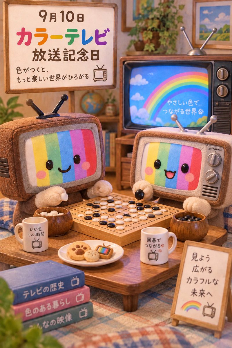 aoisora8899's tweet photo. AI生成（ChatGPT）
今日はカラーテレビ放送記念日ということで、テレビ達の囲碁対局 https://t.co/OvrZaUtm3C
