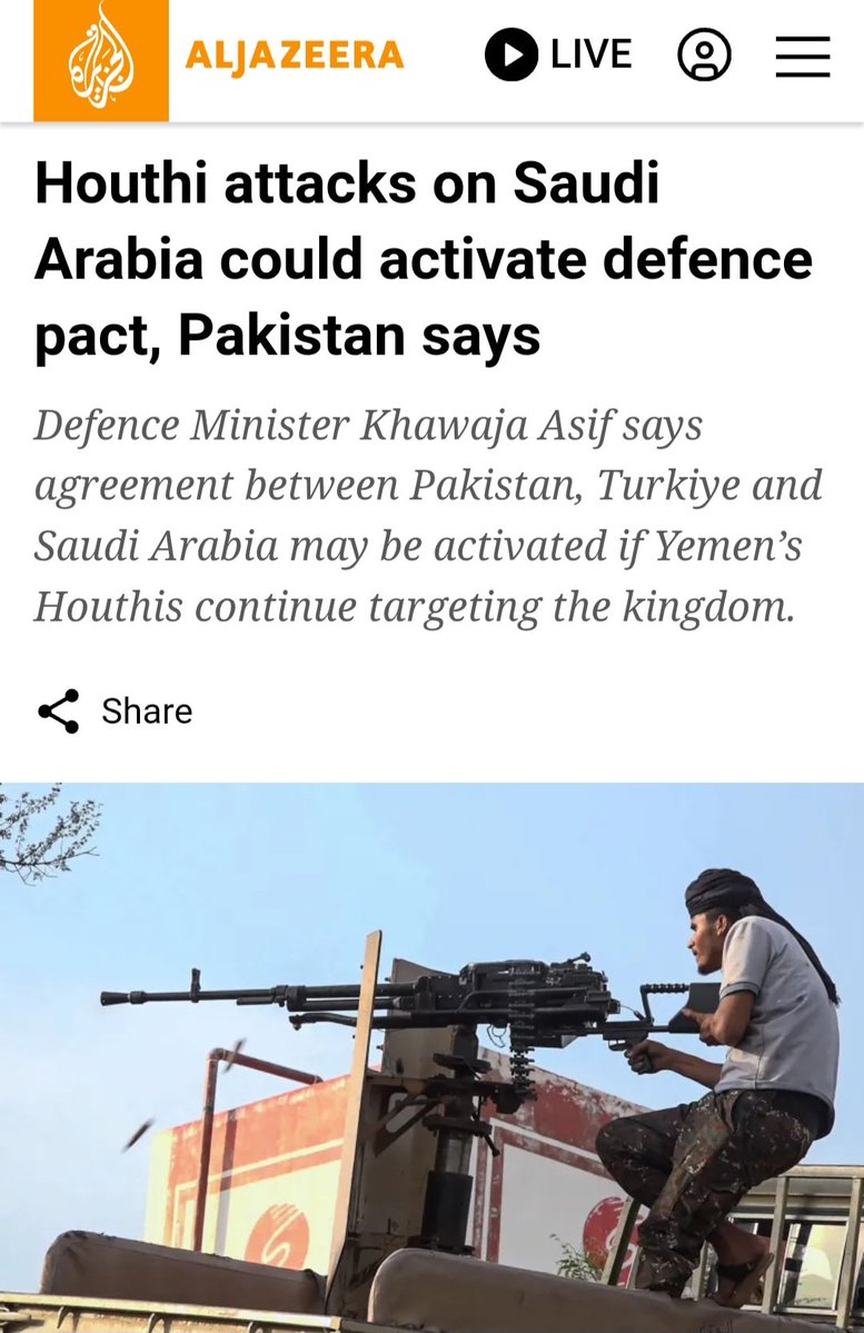 berna_gulpinar's tweet photo. Pakistan Savunma Bakanı:

"Yemenli Husiler Suudi Arabistan'ı hedef almaya devam ederse, Pakistan, Türkiye ve Suudi Arabistan arasındaki Mekke Paktı devreye sokulabilir. Anlaşma şartlarına bağlıyız ve gerekirse buna uyacağız."

Yemenli Husilerle mi savaşacağız?
🤔 https://t.co/yBH5OwJ1nc