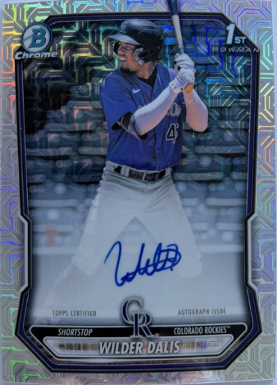 WaxMetrix's tweet photo. Pleasant little adjustment to add to my Bowman Chrome analysis...

Though they don't technically release for another 2 weeks, we are seeing Mega Box autos popping up that have the 1st Bowman logo, which is actually pretty significant. 

It doesn't change the metrics in the post, but it does in fact step up the desirability of Megas. 

For this release, we do not have the HTA Autos, which have typically been numbered /150 in the main Bowman Chrome set. This allows the Mega Box autos that have the same Mojo Refractor design to add the 1st Bowman logo, which honestly should have happened long ago. 

Regardless, this is a welcome change, and should add much-needed value to Bowman Chrome Megas.

At 1 per 5.66 boxes, Autos are a little tougher to hit than in prior Megas, but should be more worthwhile.