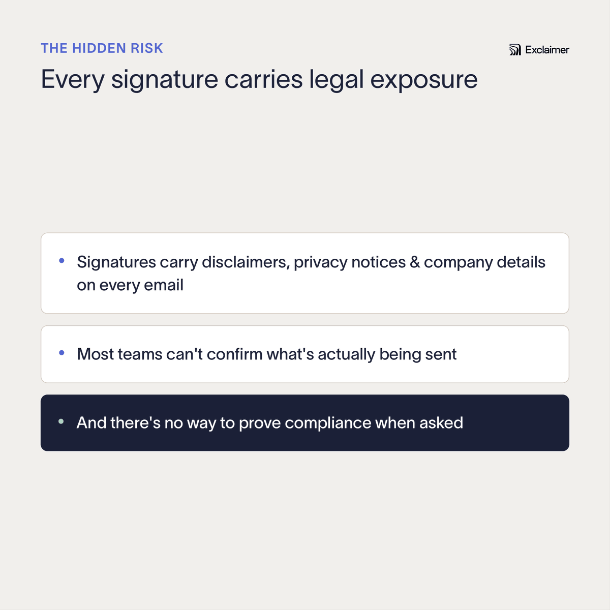 Exclaimer's tweet photo. 🚨 Every email signature your organization sends carries legal exposure.

Here are the three things that actually break compliance:

⚠️ Users editing or deleting disclaimers
⚠️ Updates taking days to roll out
⚠️ No audit trail

For more info, search 🔎 Exclaimer legal signatures https://t.co/2a2za4QgW9