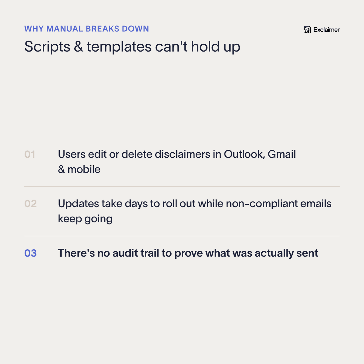 Exclaimer's tweet photo. 🚨 Every email signature your organization sends carries legal exposure.

Here are the three things that actually break compliance:

⚠️ Users editing or deleting disclaimers
⚠️ Updates taking days to roll out
⚠️ No audit trail

For more info, search 🔎 Exclaimer legal signatures https://t.co/2a2za4QgW9