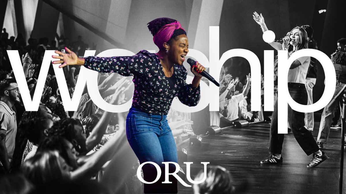 A promotional graphic for ORU's 'worship' event, showing a Black woman in a floral shirt and pink headwrap singing passionately into a microphone on stage with an audience, with the word 'worship' overlaid in large white text.