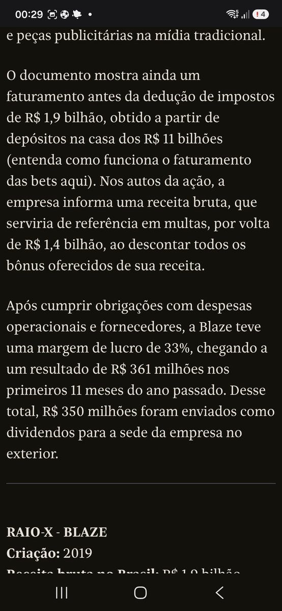 eduardomunaldi's tweet photo. A Blaze teve un faturamento bruto de 1,9 bilhão. 

Desse valor, 900 milhões foi para programas de fidelidade para apostadores e para propaganda da casa de apostas

Teve 33% de margem de lucro (nenhuma empresa no Brasil tem isso).

Dos 360mi em lucro, 350 foi pra fora do país).. https://t.co/q5Gi4balTk