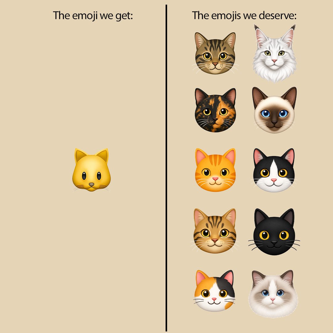 Mrsnowyycat's tweet photo. The emoji we get vs. the emojis we deserve. 😻 https://t.co/EEvc7iDlDz