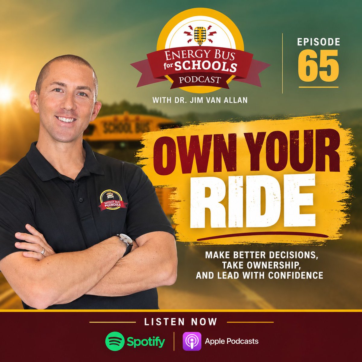 JimVanAllan's tweet photo. Leadership means making decisions without always knowing what happens next.

Episode 65 of The Energy Bus for Schools Podcast: OWN YOUR RIDE.

Examine your options. Make the decision. Own the decision. Remember—your choices can create a domino effect that impacts others.

Plus, a heartwarming student story involving a school assembly, $50, and one difficult choice.

Listen now on Spotify or Apple Podcasts.

#EnergyBusForSchools #SchoolCulture