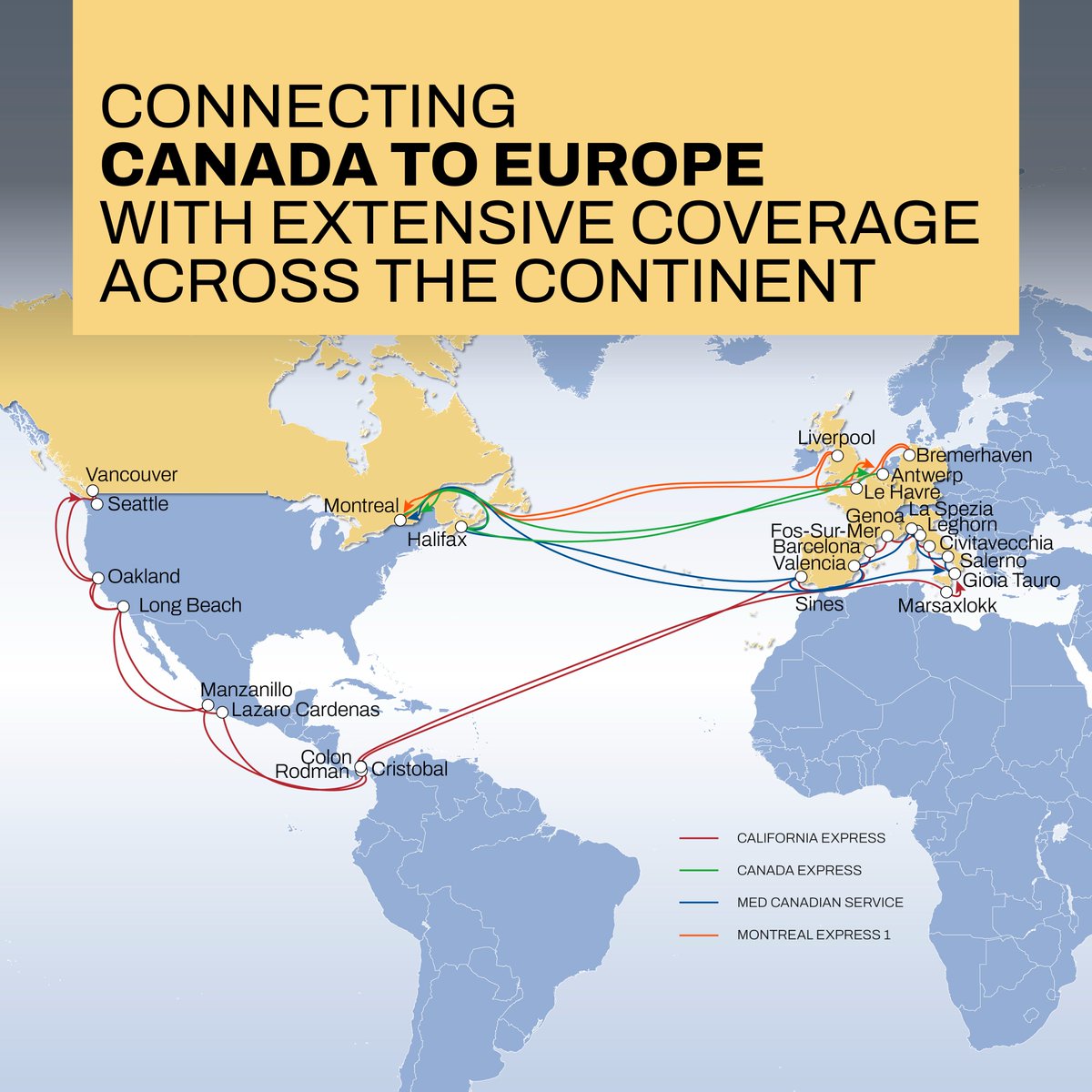 MSCCargo's tweet photo. Connecting Canada to markets across Europe 🇨🇦 🇪🇺

At MSC, we offer regular connections from Canada to destinations from Northern Europe to the Mediterranean and beyond.

With weekly sailings, bi-weekly sailings from Montreal and extensive inland solutions on both sides of the Atlantic, our network gives customers the flexibility to find the connections that best fit their cargo and supply chain needs.

In Europe, key gateways include Antwerp, Bremerhaven and Gioia Tauro, providing onward access to markets from Ireland and ScanBalt to the Adriatic, Black Sea and East Mediterranean.

Meanwhile, our all-water connection via Vancouver provides another option for cargo moving from Canada to Europe.

Learn more → https://t.co/S8UuVTAUc5

#msccargo #trade