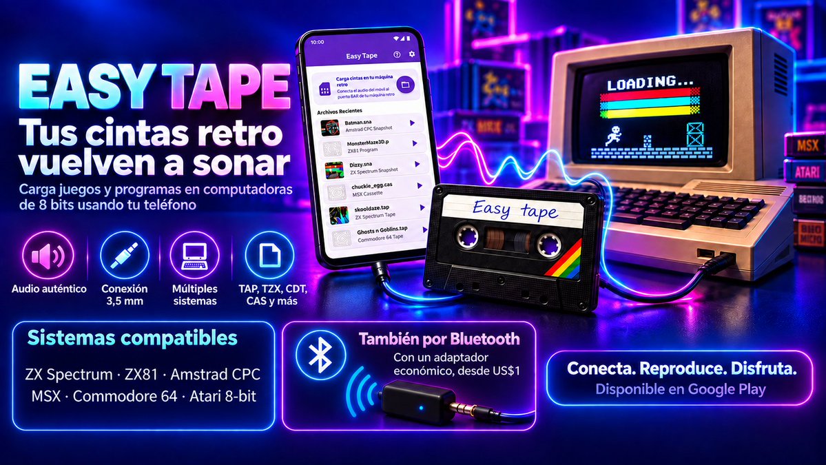 noentiendo_zx's tweet photo. Hola amigos, les presento una App en la que he estado trabajando:

Easy Tape carga juegos desde tu teléfono en tu Spectrum, ZX81, CPC, MSX, C64 o Atari 8bit.

Conéctalo por cable o con un BT económico, Ultracargas también!

Descárgala en Google Play 👇
https://t.co/LSwf74zEu9 https://t.co/pDHh1FSTKy