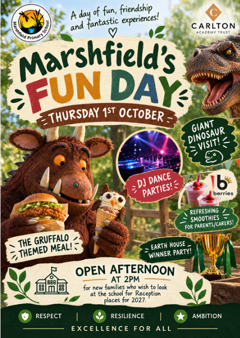 MarshfieldPS's tweet photo. 🦖🎉 MARSHFIELD FUN DAY IS COMING!DJ party 🎧 • Giant dinosaur 🦖 • Gruffalo treats 🍔🍦 • Earth House celebrations 🏆 … PLUS a very special surprise visitor! 👀📅 Thursday 1st October
✨ Don’t miss it!#MarshfieldFunDay #ExcellenceForAll https://t.co/tyU1ccSWca