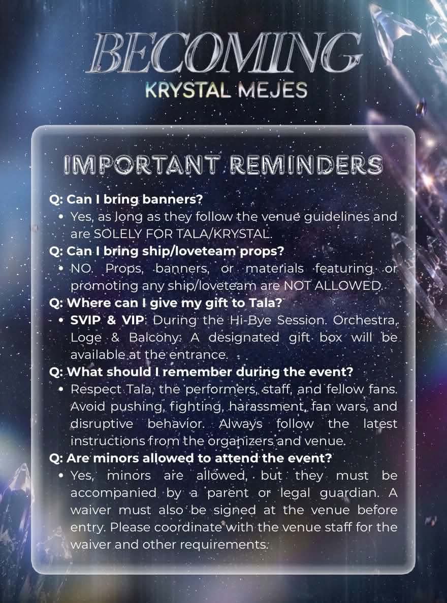 _teamkrystalofc's tweet photo. 𝗕𝗘𝗖𝗢𝗠𝗜𝗡𝗚: 𝗞𝗥𝗬𝗦𝗧𝗔𝗟 𝗠𝗘𝗝𝗘𝗦 𝗔𝗗𝗩𝗢𝗖𝗔𝗖𝗬 𝗖𝗢𝗡𝗖𝗘𝗥𝗧 ✨💎

𝗙𝗔𝗤𝘀 & 𝗥𝗘𝗠𝗜𝗡𝗗𝗘𝗥𝗦! 📌

The big day is almost here, Talians! 💎 As we get ready for Krystal’s special night, we’ve prepared some 𝗙𝗔𝗤𝘀 𝗮𝗻𝗱 𝗜𝗠𝗣𝗢𝗥𝗧𝗔𝗡𝗧 𝗥𝗘𝗠𝗜𝗡𝗗𝗘𝗥𝗦 to help everyone be fully prepared for the concert.

Please take a moment to read through the reminders and make sure you’re prepared before heading to the venue. Let’s all do our part to keep everything organized and make the day extra special for everyone! ✨

𝗦𝗘𝗘 𝗬𝗢𝗨 𝗔𝗧 𝗕𝗘𝗖𝗢𝗠𝗜𝗡𝗚, 𝗧𝗔𝗟𝗜𝗔𝗡𝗦! 💎✨

#BecomingKrystalMejes