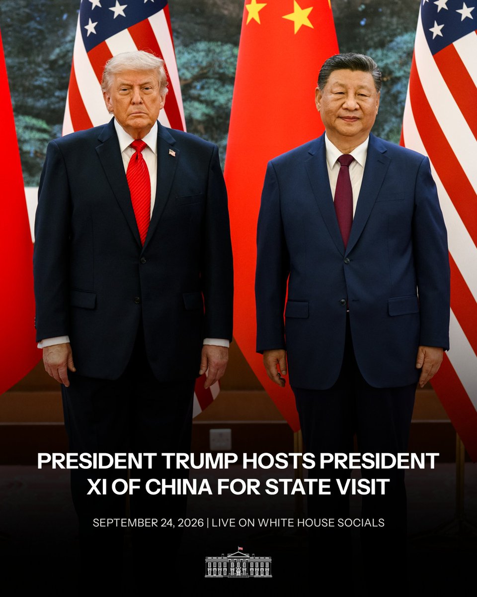 WhiteHouse's tweet photo. TODAY: President Donald J. Trump welcomes President Xi Jinping of China and Madame Peng Liyuan to the White House for an official state visit. 🇺🇸🇨🇳

Tune-in to White House Socials for live coverage. https://t.co/NpV08MrrDa