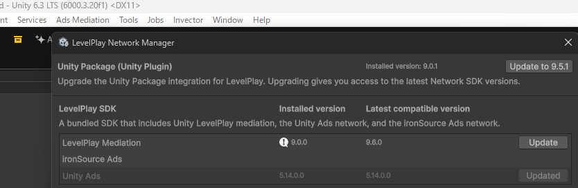 sugikami1982's tweet photo. Unity LevelPlayのアップデートがかなり楽になっていま��た。
LevelPlay Network Managerから「Update」を押すだけで、Unity Pluginを最新版へ更新できます。
以前のような手動作業が減って、メンテナンスしやすくなったのはありがたいです。
#UnityLevelPlay #Unity6 https://t.co/nJqpbuhIui
