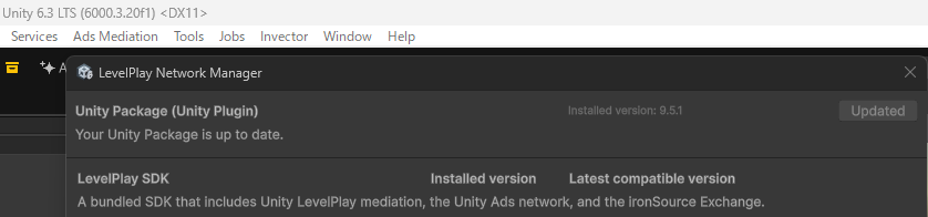 sugikami1982's tweet photo. Unity LevelPlayのアップデートがかなり楽になっていま��た。
LevelPlay Network Managerから「Update」を押すだけで、Unity Pluginを最新版へ更新できます。
以前のような手動作業が減って、メンテナンスしやすくなったのはありがたいです。
#UnityLevelPlay #Unity6 https://t.co/nJqpbuhIui