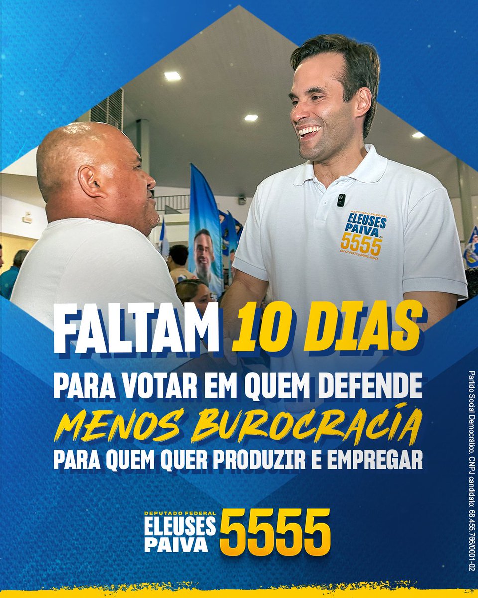 eleusespaivaf's tweet photo. Menos burocracia pra quem faz o Brasil avançar!!🇧🇷

Para Deputado Federal, vote Eleuses Paiva 5555.

PROPAGANDA ELEITORAL. Partido Social Democrático - CNPJ: 68.455.766/0001-02 https://t.co/Bbq9TvZgYe