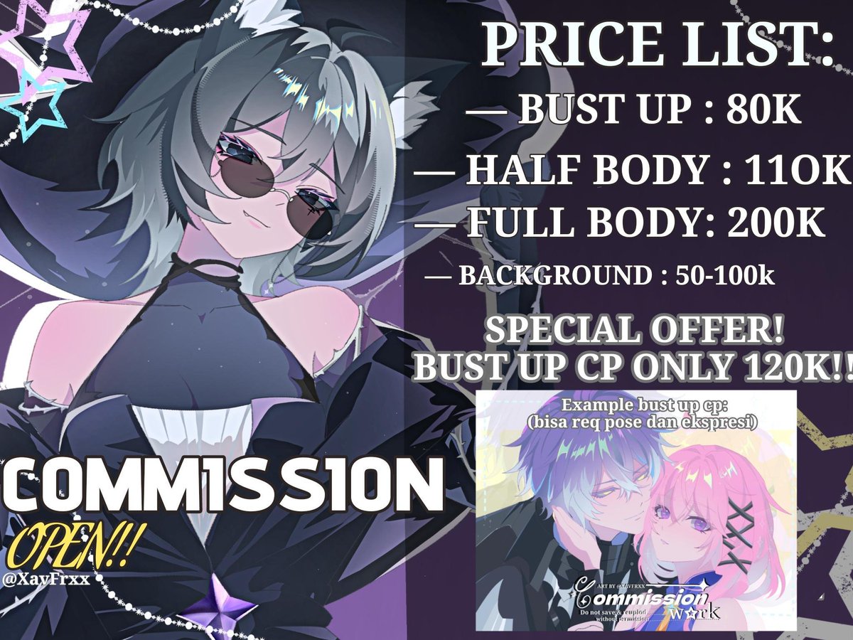 XavFrxx's tweet photo. [OPEN COMMISSION! 5 SLOT ONLY ]
ToS:
-Payment setelah sketsa diterima (diatas 100k bisa DP 50%)
-pengerjaan sekitar 2 hari- 2 Minggu (tergantung kesusahan)
- Detail tambahan yang ribet kena biaya.
- (+) Character 100% harga (kecuali special offer)
-lebih lengkap bisa tanya di dm https://t.co/H7a5Ktg4Wc