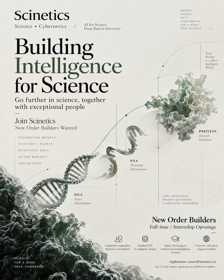 ZaixiZhang's tweet photo. 🚀 Scinetics is hiring — Join the next generation of AI for Science  Scinetics is building AI systems for scientific discovery. 

Our mission is to connect science foundation models, Scientific Agents, scientific data, automated experiments, and real-world feedback, enabling AI to move beyond assisting individual research tasks toward more autonomous scientific discovery. Following our recent nearly $7M seed financing, we are expanding our research and engineering team. 

We are hiring for:  
📷 Large Model Training Scientist / Engineer (Pre-training) 
📷 Scientific Agent / Autonomous Research Scientist & Engineer 
📷 Scientific Data & Data Engine Scientist / Engineer 📷 Brand & Content Operations Intern  

We are looking for people who want to build, not just use AI. We welcome researchers and engineers from:AI / ML, biology, computational biology, protein design, chemistry, and related fields.
📷 Equity opportunities for key contributors 
📷 Support for top-tier research and publications 
📷 Relocation support for exceptional candidates 📷 Exceptional internship candidates may be considered for remote collaboration.  Join us to build AI that can do science. 
Apply:  https://t.co/4fde9n5m6k  
career@scinetics.ai  

#ArtificialIntelligence #MachineLearning #BioAI