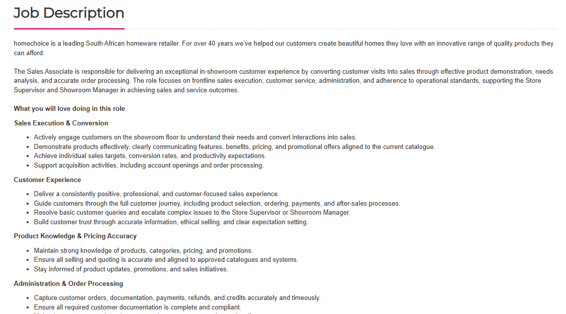 HunterSpani's tweet photo. Job Alert!!!

Company: homechoice
Position: 24hr Flexi Sales & Customer Associate-
Location: Krugersdorp, Gauteng
Click here to apply: https://t.co/DcfflujaMp

Closing Date: 09 October 2026

Minimum Requirements:

Grade 12 / Matric (minimum requirement).
Minimum 1 years’ retail sales experience.
Customer-facing sales experience within a target-driven environment.
Availability to work shifts, weekends, and public holidays.
Homewares retail experience (advantageous).
Clear credit and criminal record.

Please refer to the picture for more info