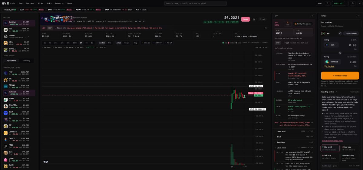 jevonstonk's tweet photo. We rebuilt the Trade page on Jev around one idea: the chart is the thing you look at, so everything else should get out of its way.

The chart now fills the screen. Jev's call and where he thinks the next 15 minutes go sit in one line right above it. Your entry price, your orders and your price alerts are drawn straight onto the candles.

On a big screen, Jev's read sits on one side and your trading box on the other. Each folds away into a thin strip when you want more chart. The coin's banner moved behind its name instead of taking a row of its own, so the chart starts higher.

Jev's column now answers what you ask, in the order you ask it. What would he do if you had no position, and what if you already held some. Then one line each, green, amber or red: his record on calls like this, how he has done on this exact coin, whether buyers or sellers own the last five minutes, the odds holders dump on you, who holds the supply, the safety check, the mood on X, and whether it fits your own strategies.

When Jev leans buy but one of those lines is red, the column says so in plain words. If the live feed drops, it greys out, so an old call never looks live.

The coins you track and watch sit on one line across the top, and Jev rereads your whole watchlist every 15 seconds.

https://t.co/99iHBuRVfg