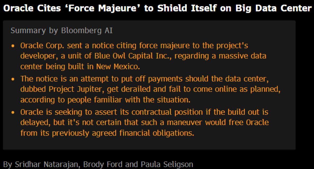 negligible_cap's tweet photo. *ORACLE SENDS FORCE MAJEURE NOTICE OVER NEW MEXICO DATA CENTER

$ORCL trying to put off payments on the project if it's delayed https://t.co/fTjVGMwUEH