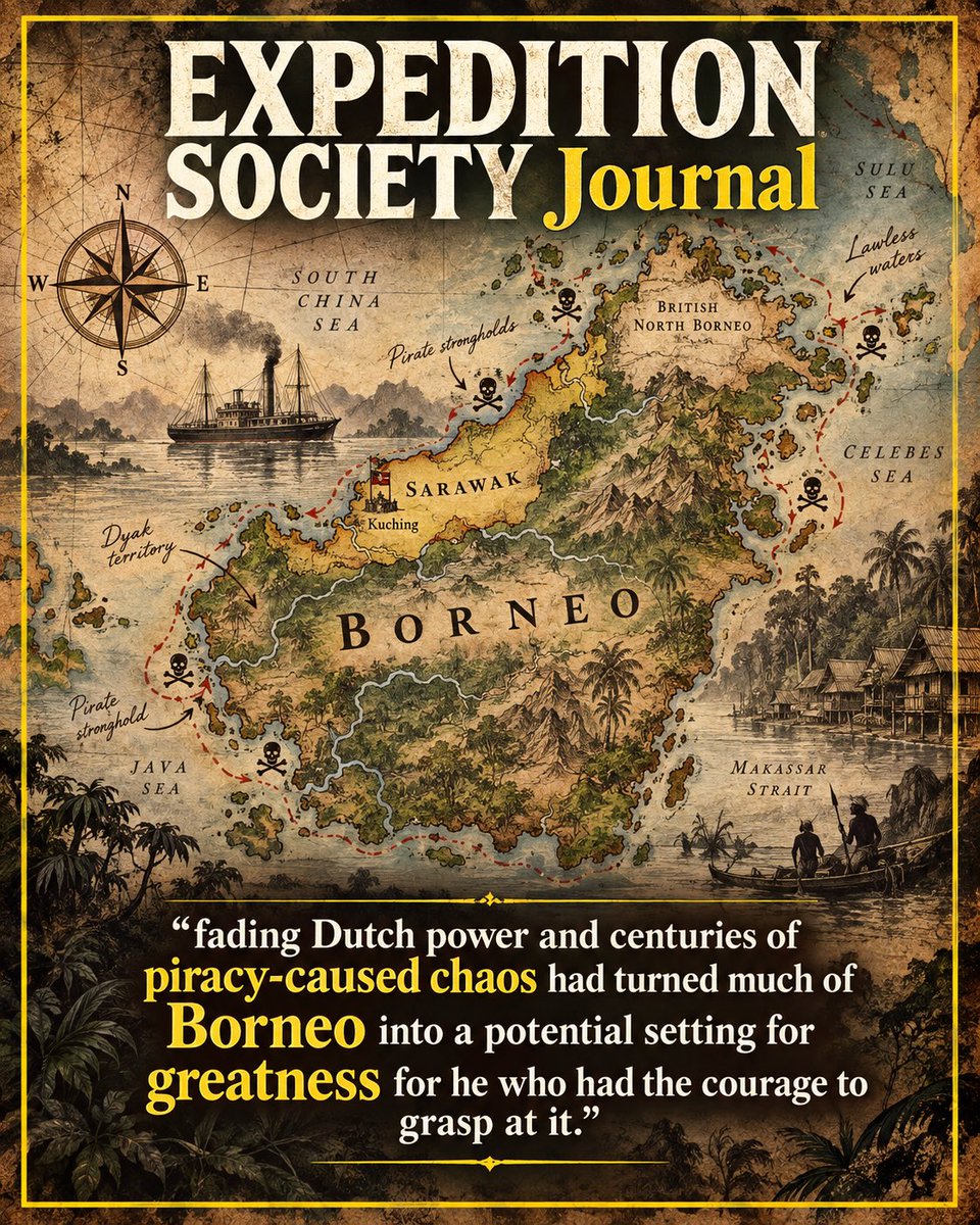 ExpeditionSoc's tweet photo. On this day 185 years ago, an English adventurer became the ruler of Sarawak.

James Brooke arrived in Borneo with his own ship, helped put down a rebellion, and on September 24, 1841 was granted control of Sarawak — beginning one of the strangest political dynasties of the 19th century. 

He would become known as the White Rajah, ruling a jungle kingdom on the island of Borneo and laying the foundation for a dynasty that would endure for more than a century.

This week in Expedition Society Journal, @Will_Tanner_1 tells the extraordinary story of James Brooke and the White Rajahs of Sarawak.

Link in comment below

THE WHITE RAJAH
An English Adventurer Who Built a Kingdom in Borneo