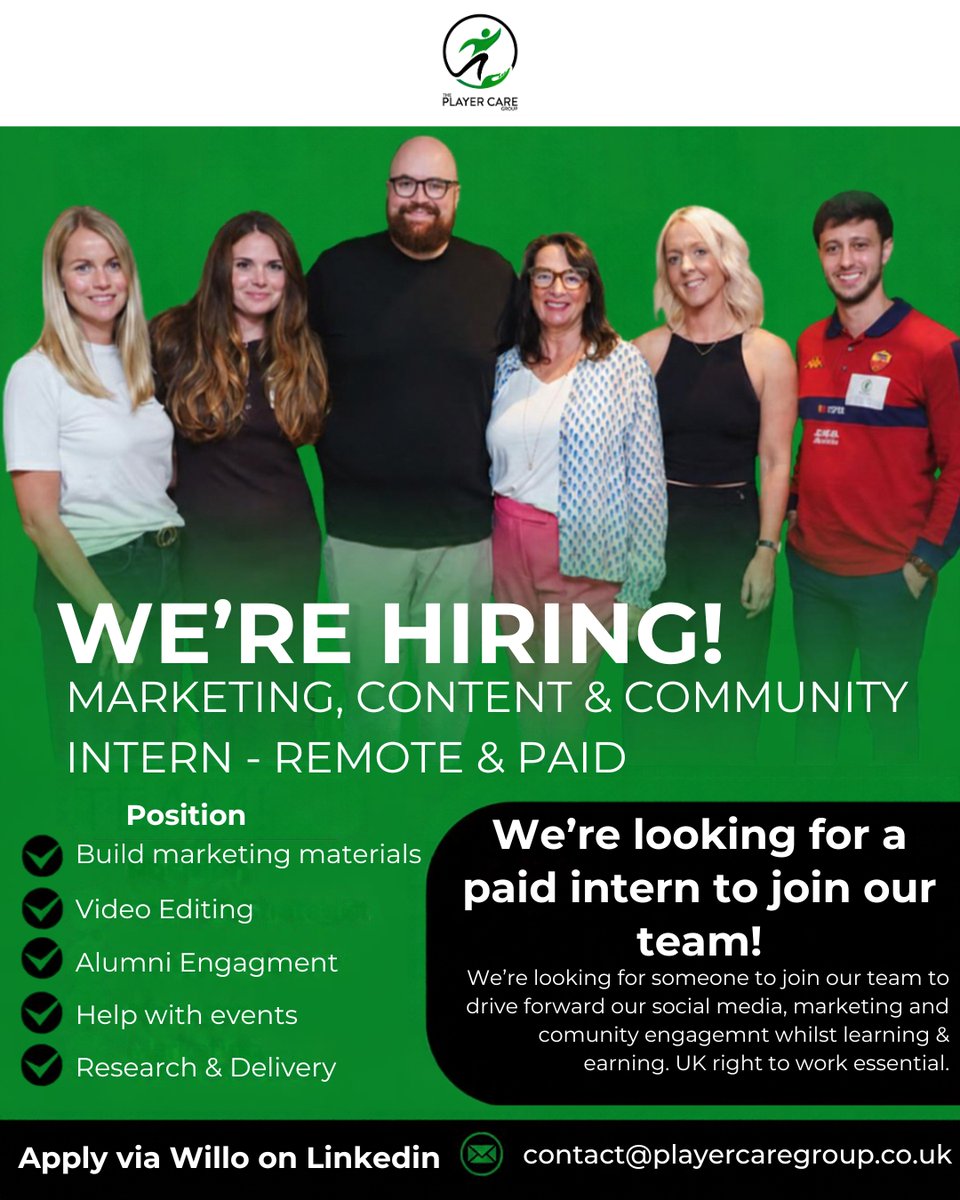 PlayerCareGroup's tweet photo. We're hiring! 

We're looking for a great paid, remote, part time intern to join our team - for more details and to apply, visit the Willo link below!   

Please share this with anyone who may be interested.

 Application link: https://t.co/4nJZ10GpqK https://t.co/jjF9gqob3W