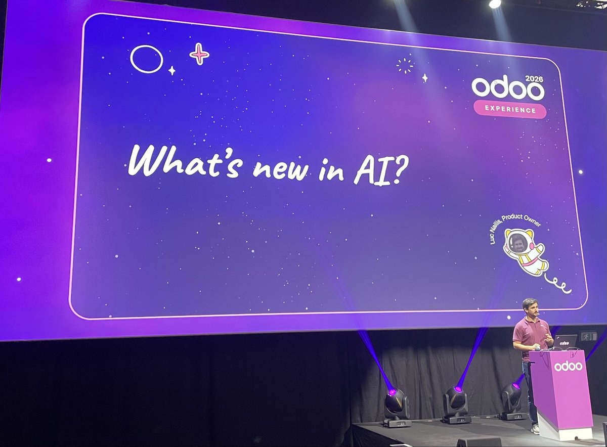 Odoo's tweet photo. 🚀 Odoo 20: What’s new in AI? 
Agentic automation, image gen, AI SEO &amp; more!

The AI features in Odoo 20 will help you work more efficiently.

🎥 Full Odoo 20 video: https://t.co/S0SfHe3riT

🔥 Take it to the next level today on https://t.co/AUVvilTLn7

#OdooExperience https://t.co/NMCYJcrEnM