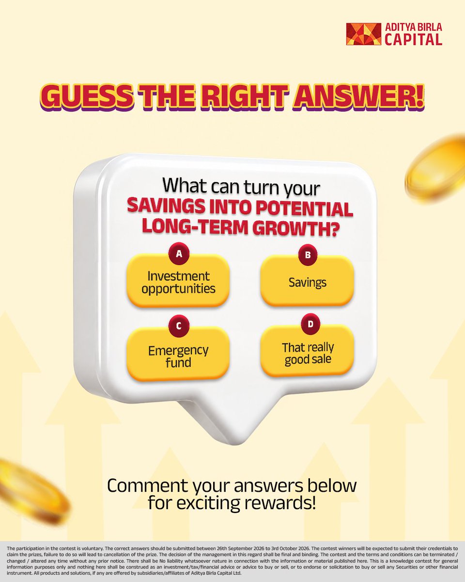 abcapital's tweet photo. One of these can make your money work overtime for you. ​
Can you tell what it is?​

Comment your answer below and stand a chance to win something exciting!​

Here’s how to participate: ​
1) Follow @abcapital  ​
2) Like this post and comment your answer below with @abcapital  and #AdityaBirlaCapital. ​
3) Tag 3 friends ​

#MoneyMatters #FinancialPlanning #BudgetSmart #Contest #AdityaBirlaCapital