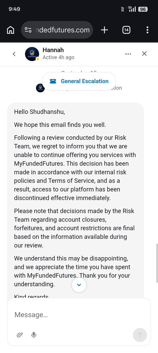 Anurakta156873's tweet photo. MyFundedFutures ban me without taking risk interview and ban me without giving me proper explanation I know I am not an influencer but please help me they closed all my account that's is totally unfair @PropFirmsGuru @theproptruth @propfirmsupdate @Propfirmedge @MattLeech https://t.co/OaK5FtHe0a