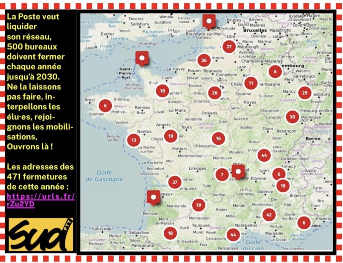 fdSudPTT's tweet photo. 471 Fermetures de Bureaux de Poste : le chiffre que la poste voulait cacher 🔴 https://t.co/8jQ8jM9FUJ’est une véritable attaque contre le service public et sur l’emploi des postieres et postiers que le syndicat SUD PTT révèle avec cette carte interactive. https://t.co/WLBfKK4jis