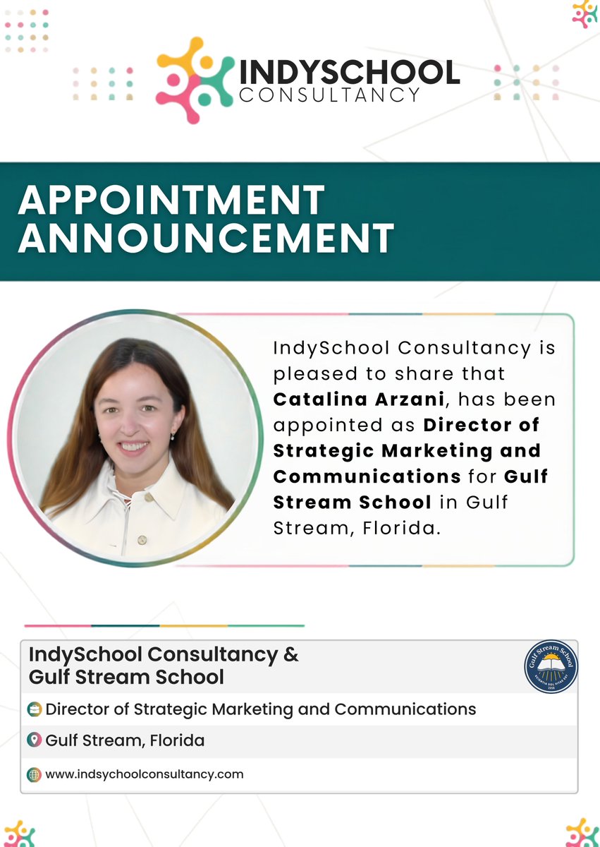 ISCconsultancy's tweet photo. 🎉 Excited to announce that Catalina Arzani has been appointed as Director of Strategic Marketing and Communications for Gulf Stream School in FL!

Congratulations, Catalina! 👏✨

#IndependentSchools #SchoolLeadership #IndySchoolConsultancy https://t.co/zapSIGoMLZ