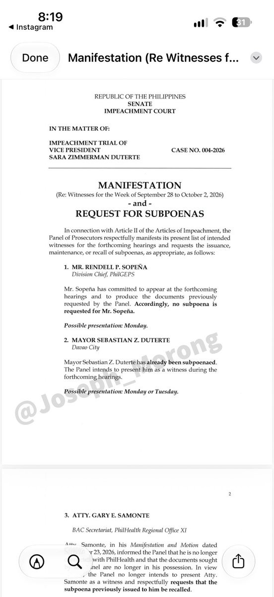 Joseph_Morong's tweet photo. JUST-IN: Subpoenas for formers Sen. Antonio Trillanes IV, Davao City Mayor Sebastian Duterte sought from Senate Impeachment Court @gmanews @24orasgma https://t.co/Fe6wVacDjI