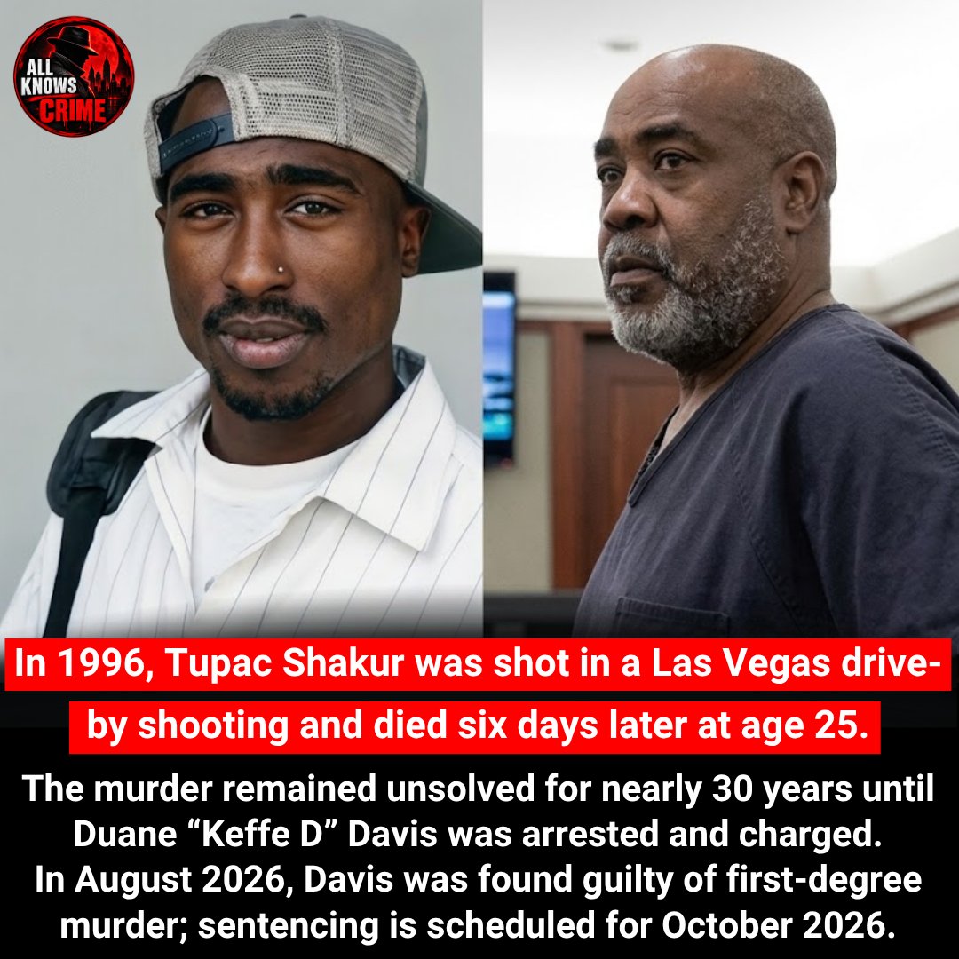 AllKnowsCrime's tweet photo. The Tupac Shakur Case: Nearly 30 Years Later, A Verdict

On September 7, 1996, Tupac Shakur was riding through Las Vegas with Suge Knight when a white Cadillac pulled alongside their BMW. Gunfire struck Tupac multiple times, and he died six days later at 25. After nearly 30 years, Duane “Keffe D” Davis was arrested in 2023 and charged in connection with the case. On August 31, 2026, Davis was found guilty, with sentencing scheduled for October.